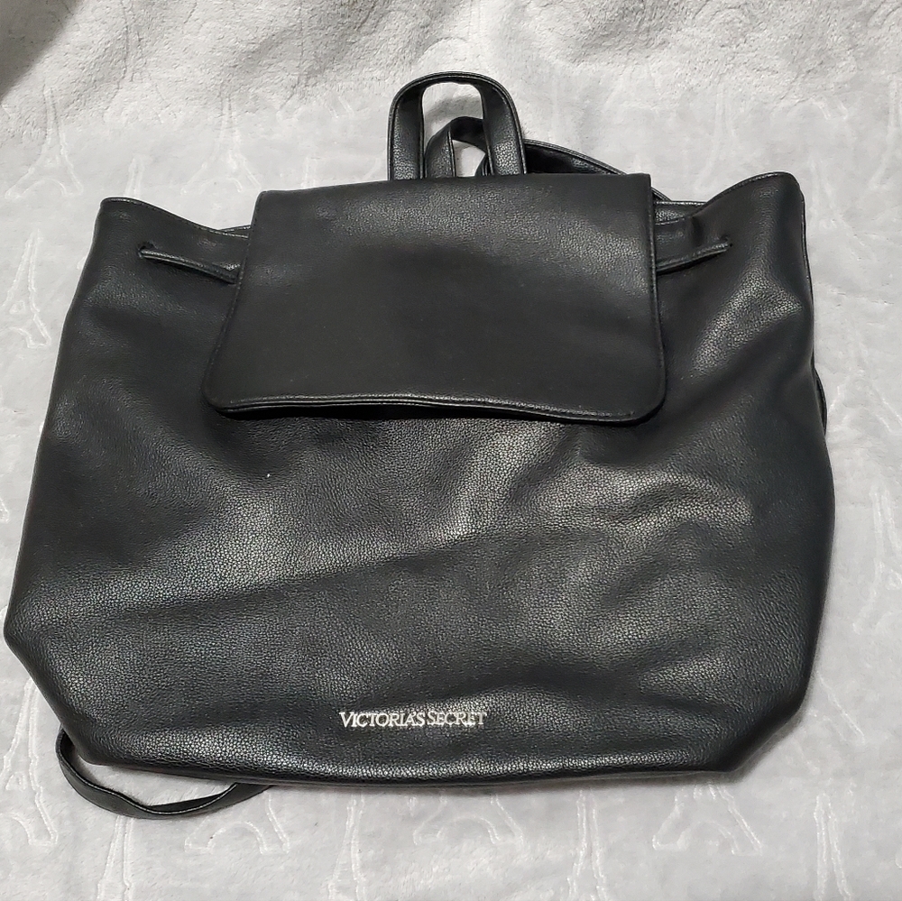 Victoria's Secret Black Faux Pebble Leather Drawstring Backpack